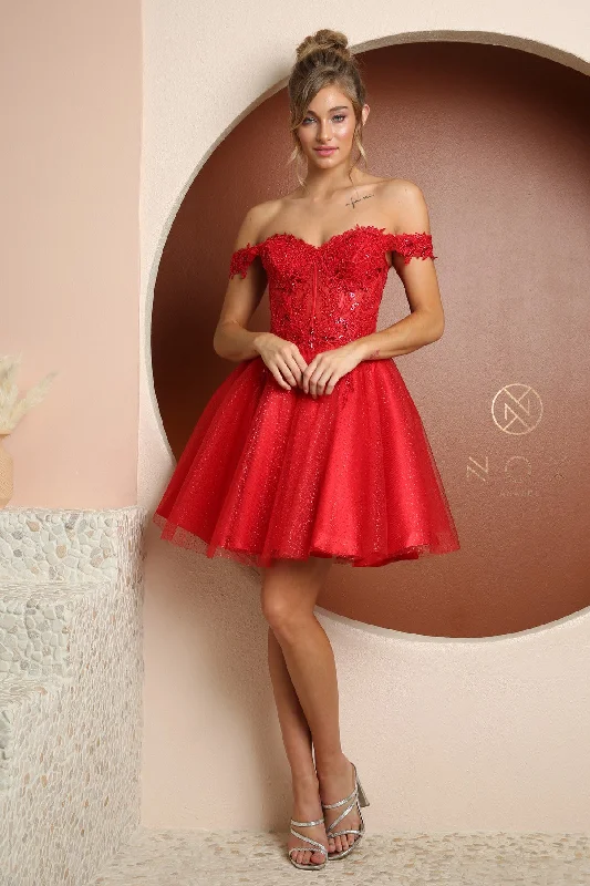 women's suit sets for office wearNox Anabel F731 Size 10 Red Short A Line Sheer Beaded Lace Corset Cocktail Dress Off the Shoulder Gown