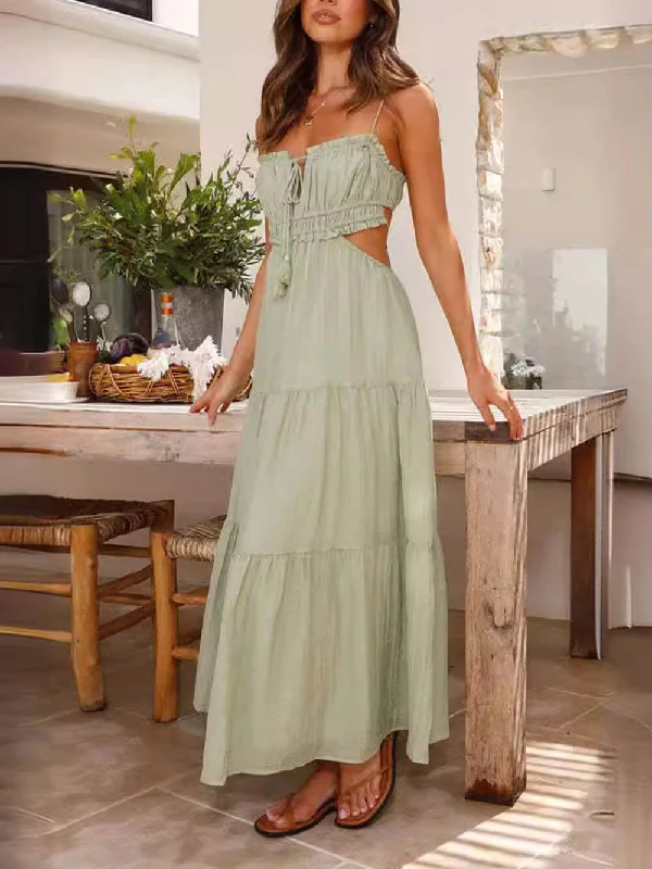 Evening women's dressesHollow Sleeveless Pleated Charming Patchwork Full Hem Dress
