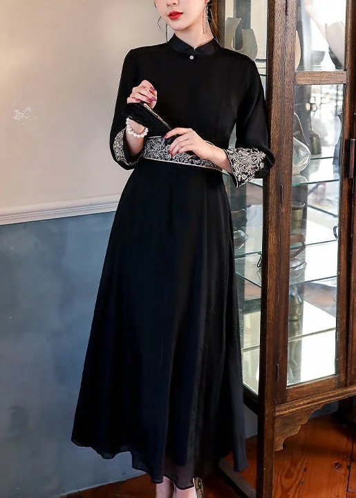 Smock dresses for womenChinese Style Black Stand Collar Patchwork Chiffon Dress Bracelet Sleeve
