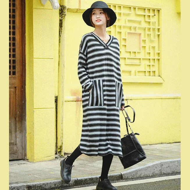 Cardigan-style women's sweaterWomen Fashion Gray Striped Loose Sweater Dresses For Winter