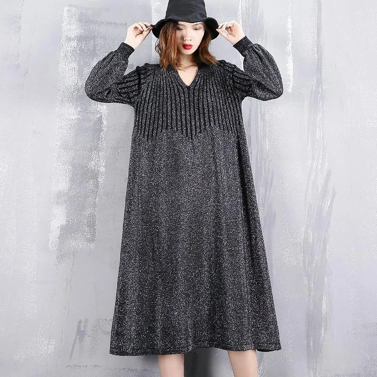 Chic women's sweater2025 black sweater dress plus size v neck sweater vintage baggy Cinched winter dress