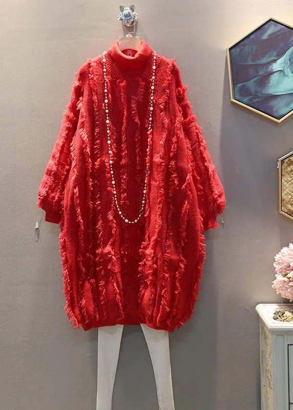 Burgundy women's sweaterWomen Red High Neck Tasseled Cozy Knit Sweater Dress Winter