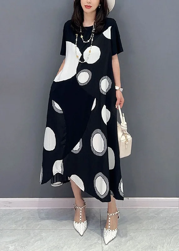 High-low hem dresses for womenBlack Patchwork Cotton Dress Asymmetrical Dot Print Summer