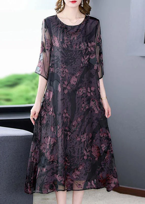 Low-cut dresses for womenNatural Dark Purple O Neck Print Patchwork Silk Dress Summer
