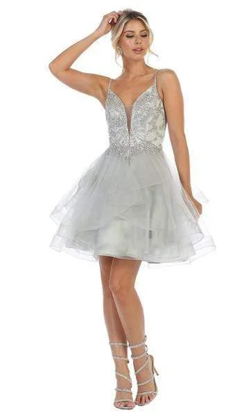 women's suit sets with floral printsMay Queen - Jeweled Corset Back A-Line Dress RQ7719 - 1 pc Silver In Size 16 Available