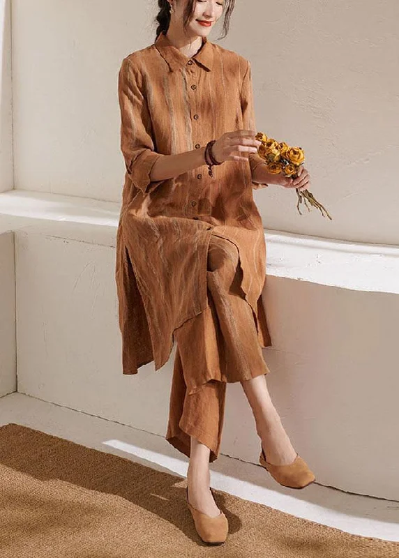 Lightweight women's topsBohemian Caramel Casual Side Open long shirts Wide Leg Summer Linen Two Pieces Set