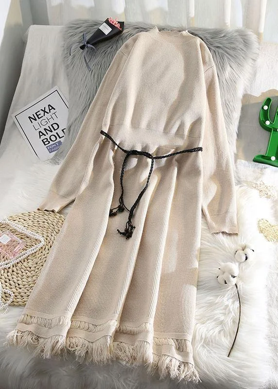Earth-tone women's sweaterFor Spring tassel Sweater weather fashion beige Hipster knitted dress