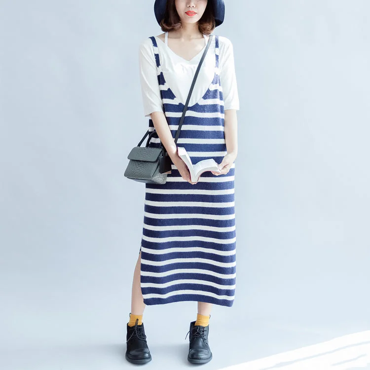 Fine knit women's sweaterCasual fall blue white striped knit dresses plus size women sleeveless sweater dress