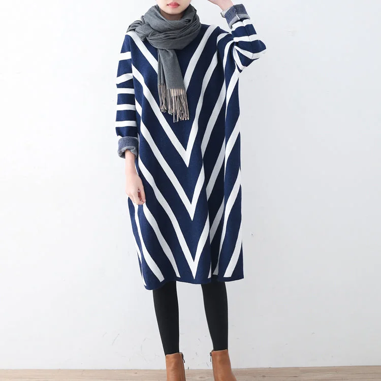 Tunic-style women's sweaterCozy blue striped sweater dress plus size clothing fall dresses Elegant unique pullover long sleeve