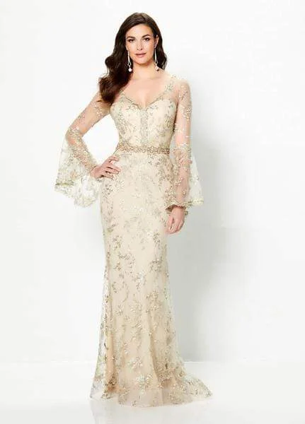 Round-neck dresses for womenMontage by Mon Cheri - Embellished Long Bell Sleeve Sheath Gown 219986 - 1 pc Champagne In Size 12 Available