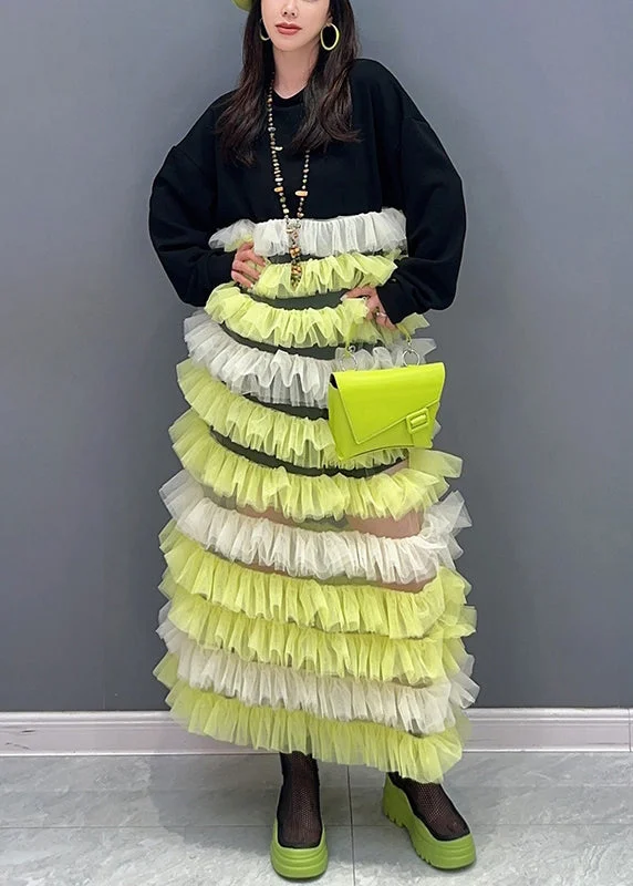 Summer dresses for hot weatherBeautiful Yellow O Neck Tulle Patchwork Fluffy Dresses Long Sleeve