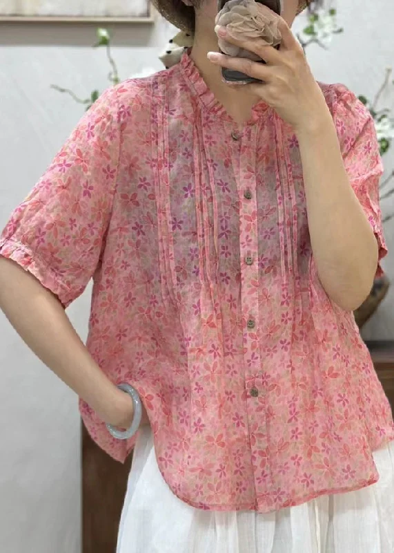 Button-down women's topsNew Pink Ruffled Button Print Linen Shirt Summer