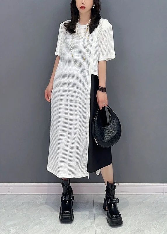 Tight-fitting dresses for womenCasual White O Neck Patchwork Hollow Out Cotton Dresses Summer