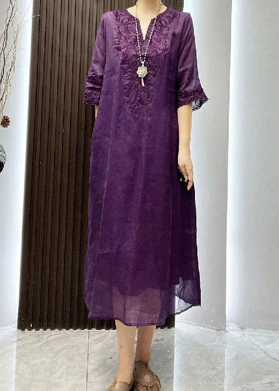 Vintage-inspired dresses for retro fashion loversClassy Purple Embroideried Patchwork Linen Dress Two Pieces Set Summer