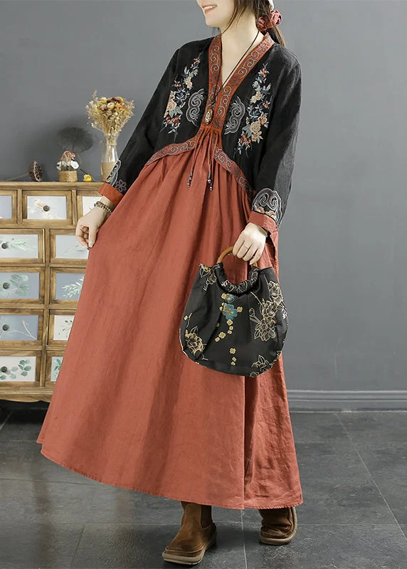 Peplum dresses for womenNew Red Tasseled Embroidered False Two Pieces Cotton Dress Autumn