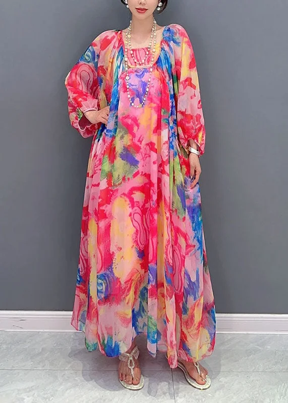 Custom-made dresses for personalized fitsBoho Floral Wrinkled Lace Up Patchwork Chiffon Long Dress Summer
