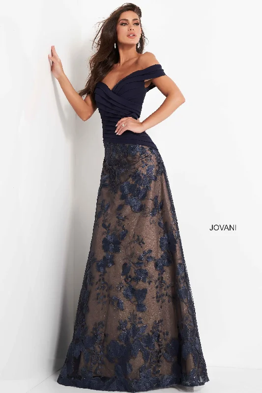 Fit-and-flare dresses for womenJovani 02852 Navy Mother of the Bride Dress off shoulder long A line ruched evening gown