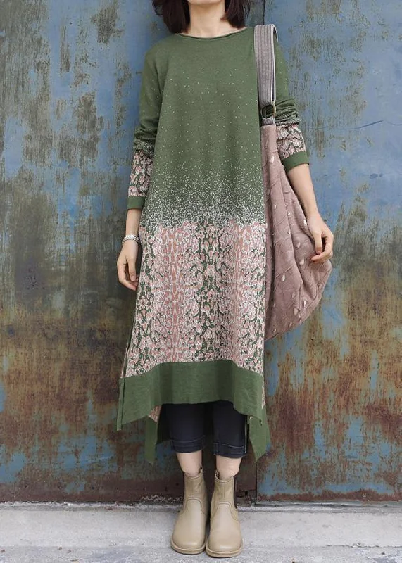 Gym women's sweaterWinter green Sweater dresses Vintage side open Largo o neck sweater dress