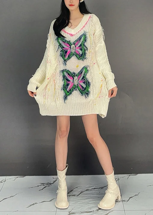 Off-the-shoulder women's sweaterFashion Beige V Neck Butterfly Knit Sweater Dress Fall