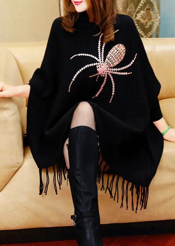 Fair trade women's sweaterFine Black Turtleneck Tassel Long Knit Sweater Dress Winter