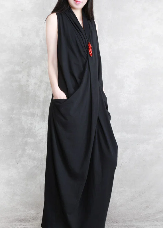 Short and sweet dresses for womenBlack Patchwork Cotton Dresses Asymmetrical Wrinkled Sleeveless