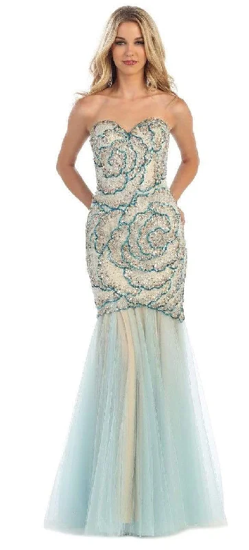 women's business suit setsMay Queen - Sequined Rosette Motif Evening Gown RQ7289 - 2 pcs Aqua/Nude in Size 8 and 14 Available