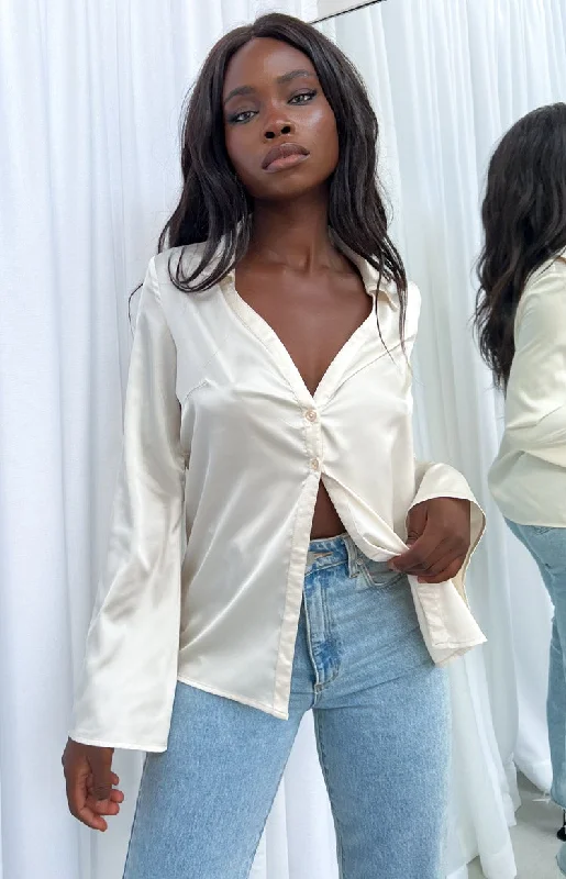 Water-resistant women's topsKhan Cream Satin Shirt