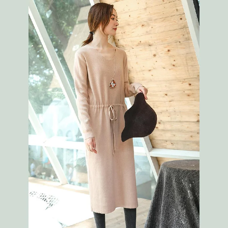 Sequined women's sweaterboutique beige knit Loose fitting V neck spring dresses fine drawstring long knit sweaters