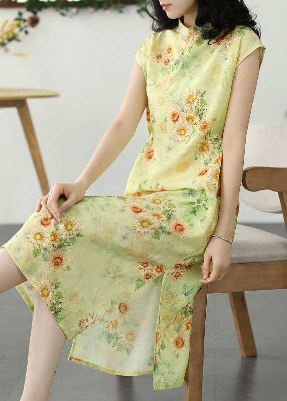 V-neck dresses for womenChinese Style Yellow Print Side Open Patchwork Linen Dress Summer