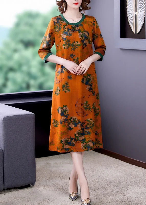 Dancewear dresses for performancesFitted Orange O Neck Print Patchwork Silk Dresses Summer