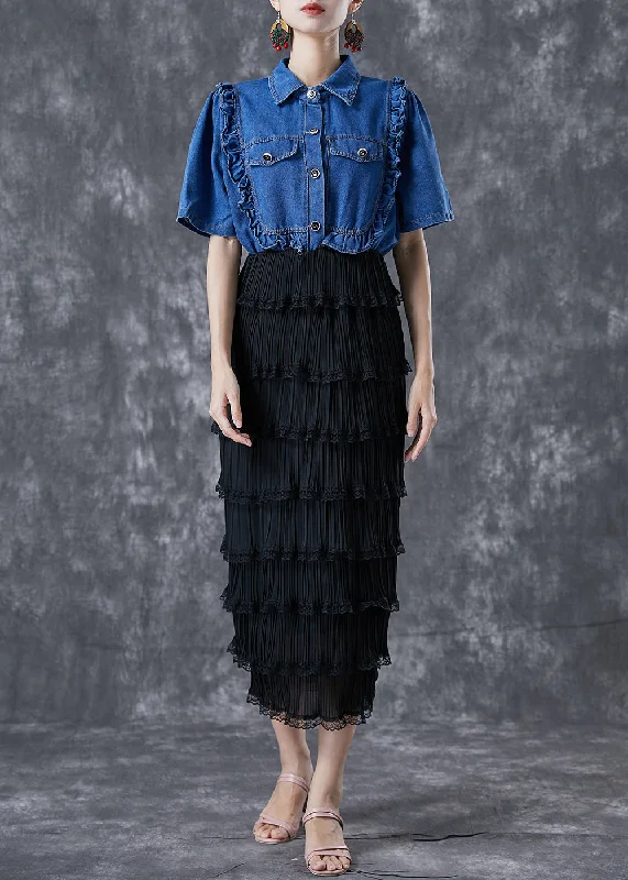 Maxi dresses for womenFine Denim Blue Ruffled Patchwork Elastic Waist Fake Two Piece Holiday Dress Summer