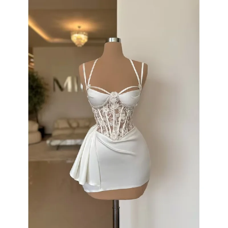 Floral dresses for womenSexy White Prom Dress Women Spaghetti Above Knee Appliques Illusion Short Mini Skirt Prom Gown Special Occasion Party Vestido