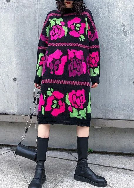 Layering women's sweaterVintage floral Sweater dress outfit Vintage stand collar Hole baggy knitwear