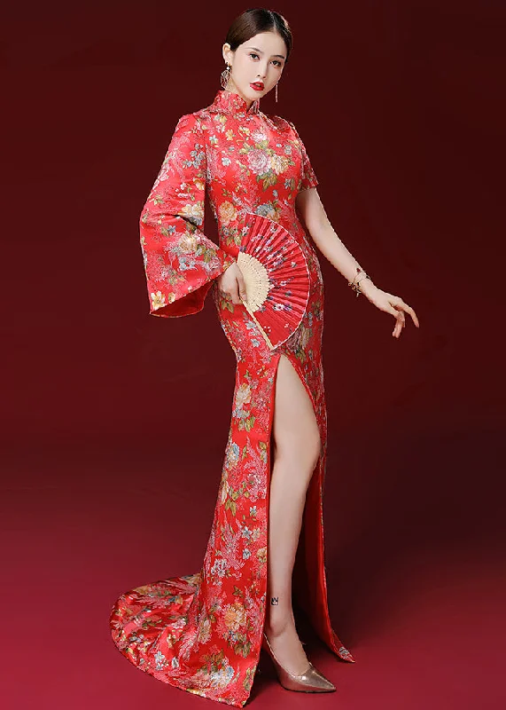 Elegant women's dressesUnique Red Embroidered Side Open Patchwork Silk Dresses Fall