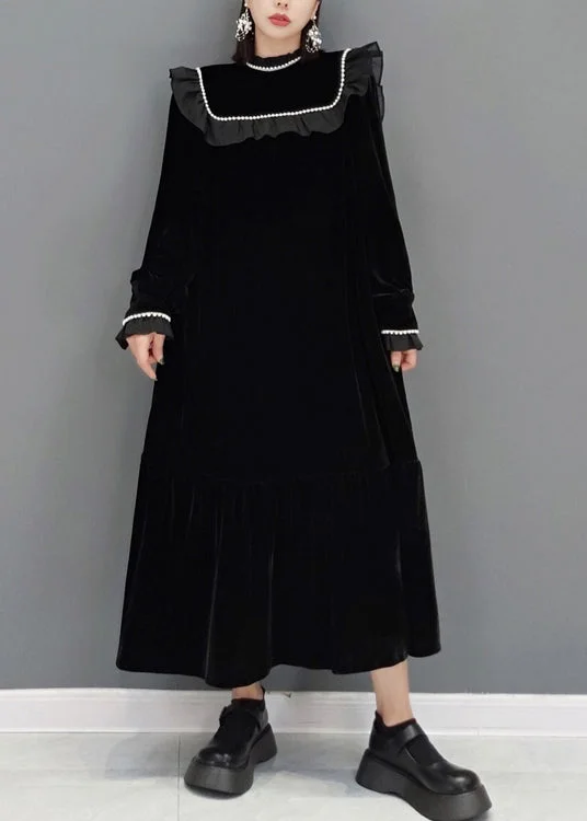 Statement dresses for making a fashion statementFrench Black Ruffled Nail Bead Patchwork Velour Dress Fall
