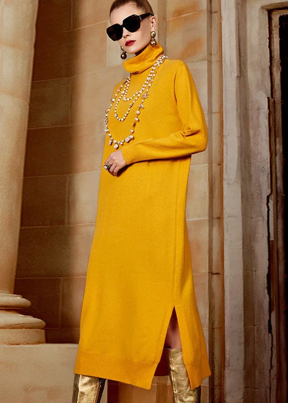 Shawl collar women's sweaterBeautiful Yellow Turtleneck Side Open Wool Knit Sweater Long Dresses Long Sleeve