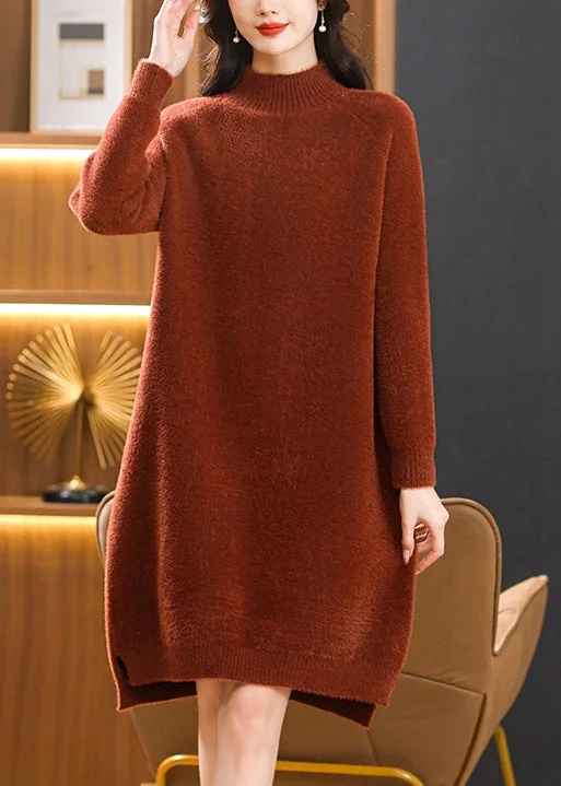 Crew neck women's sweaterElegant Caramel Hign Neck Mink Hair Knitwear Sweaters Dress Spring