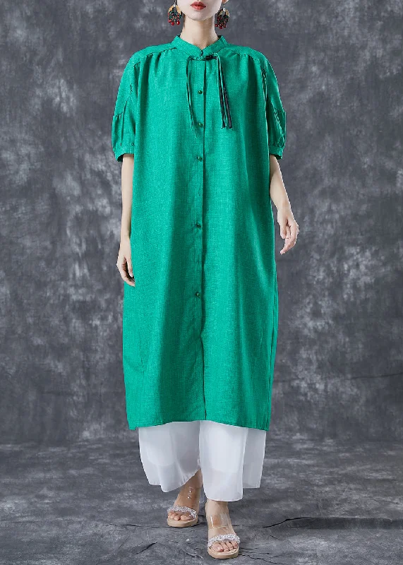 Synthetic dresses for budget-friendly optionsStylish Green Stand Collar Oversized Tassel Cotton Shirt Dress Summer