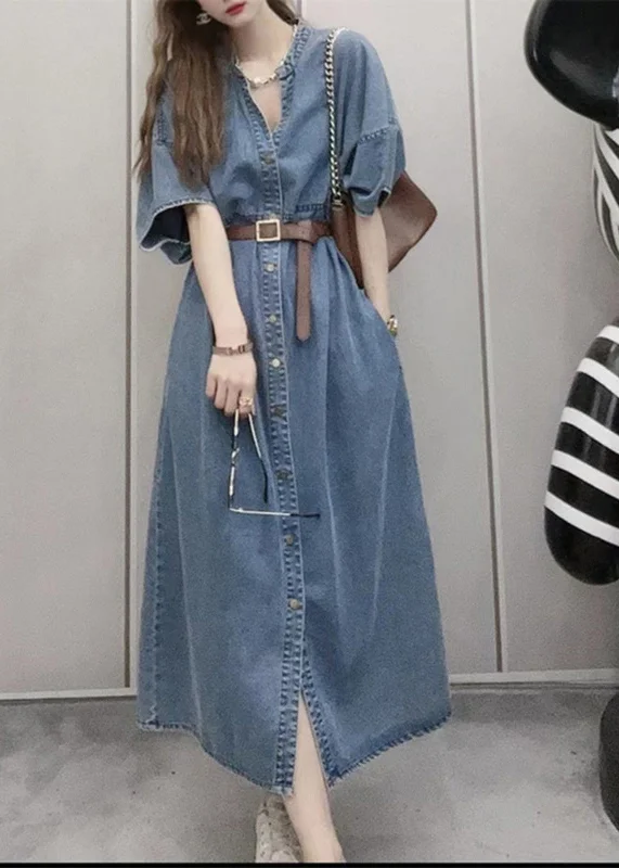 Corduroy dresses for womenUnique Blue V Neck Patchwork Sashes Button Denim Long Dress Short Sleeve