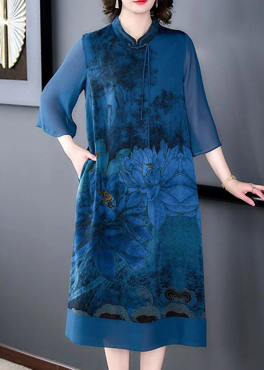 Patterned dresses for womenBlue Lotus Print Patchwork Silk Dresses Tasseled Stand Collar Summer