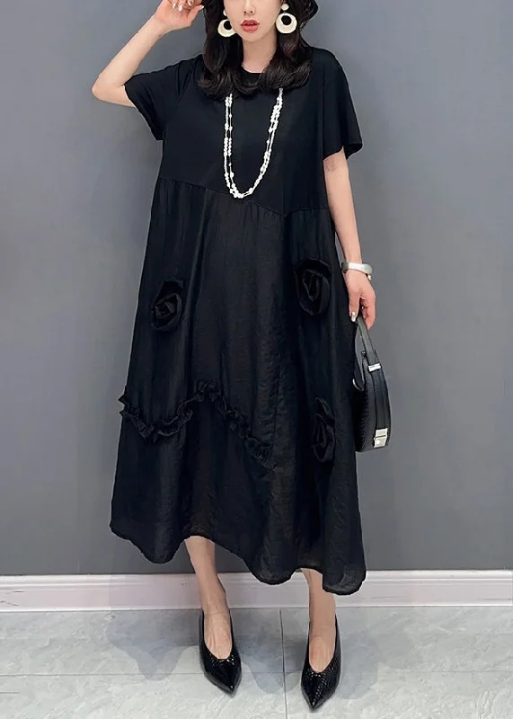 Sack dresses for womenBlack Patchwork Cotton Long Dress O Neck Ruffled Summer