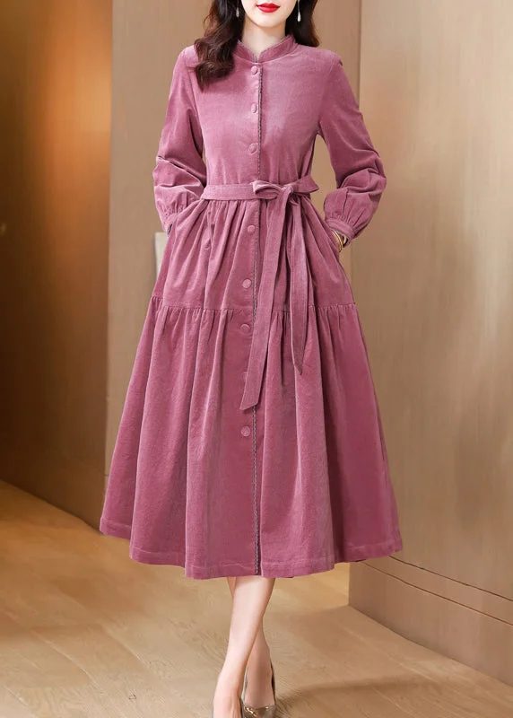 Halter dresses for womenFrench Pink Stand Collar Tie Waist Patchwork Corduroy Dresses Fall