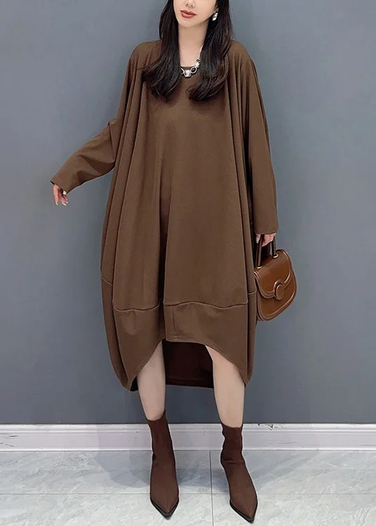 Sustainable dresses for eco-conscious womenCasual Coffee O Neck Low High Design Patchwork Cotton Dresses Fall