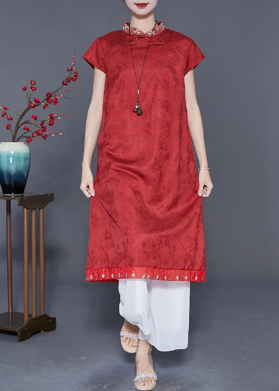 Round-neck dresses for womenChinese Style Red Embroideried Patchwork Silk Long Dress Summer
