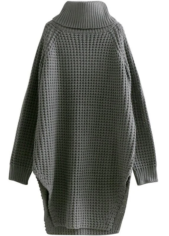Geometric print women's sweaterOversized high neck side open Sweater Aesthetic Vintage gray daily knit dress