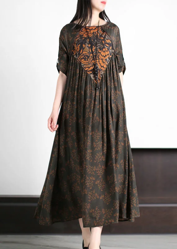 Cotton dresses for everyday wearFine Dark Green O-Neck Patchwork Print Wrinkled Party Silk Long Dress Summer