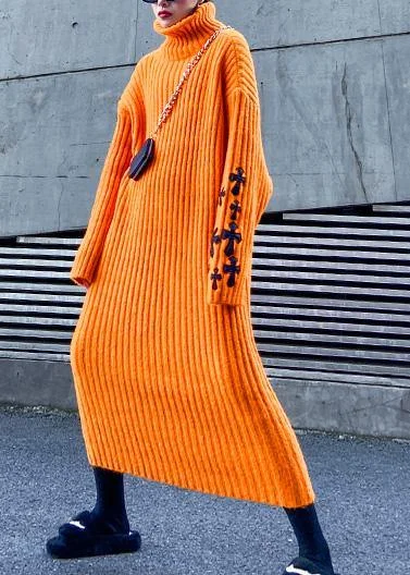 Local artisan women's sweaterKnitted orange Sweater weather Street Style Appliques Tejidos high neck sweater dresses