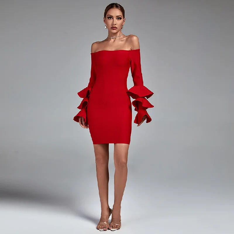 Short and sweet dresses for womenOff Shoulder Long Sleeve Frill Mini Bandage Dress PZL2814