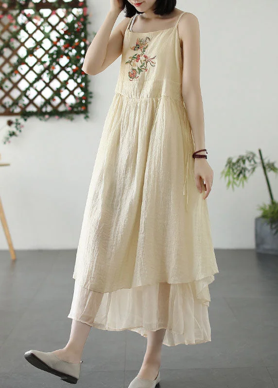 Cold-shoulder dresses for womenRetro Beige Embroideried Wrinkled Patchwork Long Linen Sundress Summer