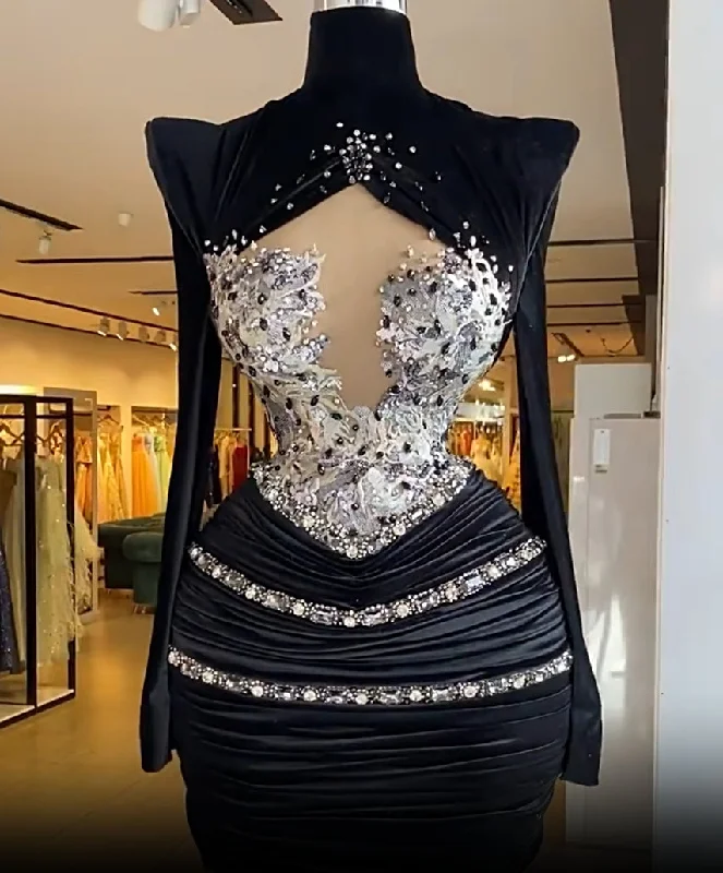 Vintage-inspired dresses for retro fashion loversUnique Elegant Prom Dresses Long Sleeves High Neck Appliques Crystals Short Mini Length Women Party Cocktail Gowns Custom Made